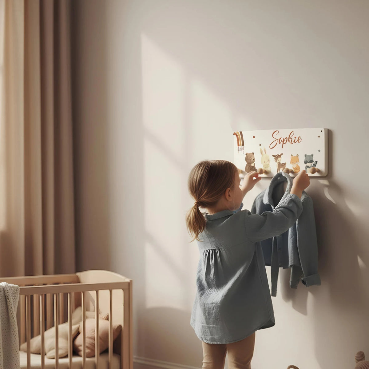 Kindergarderobe Holz personalisiert - Boho Tierfamilie Regenbogen