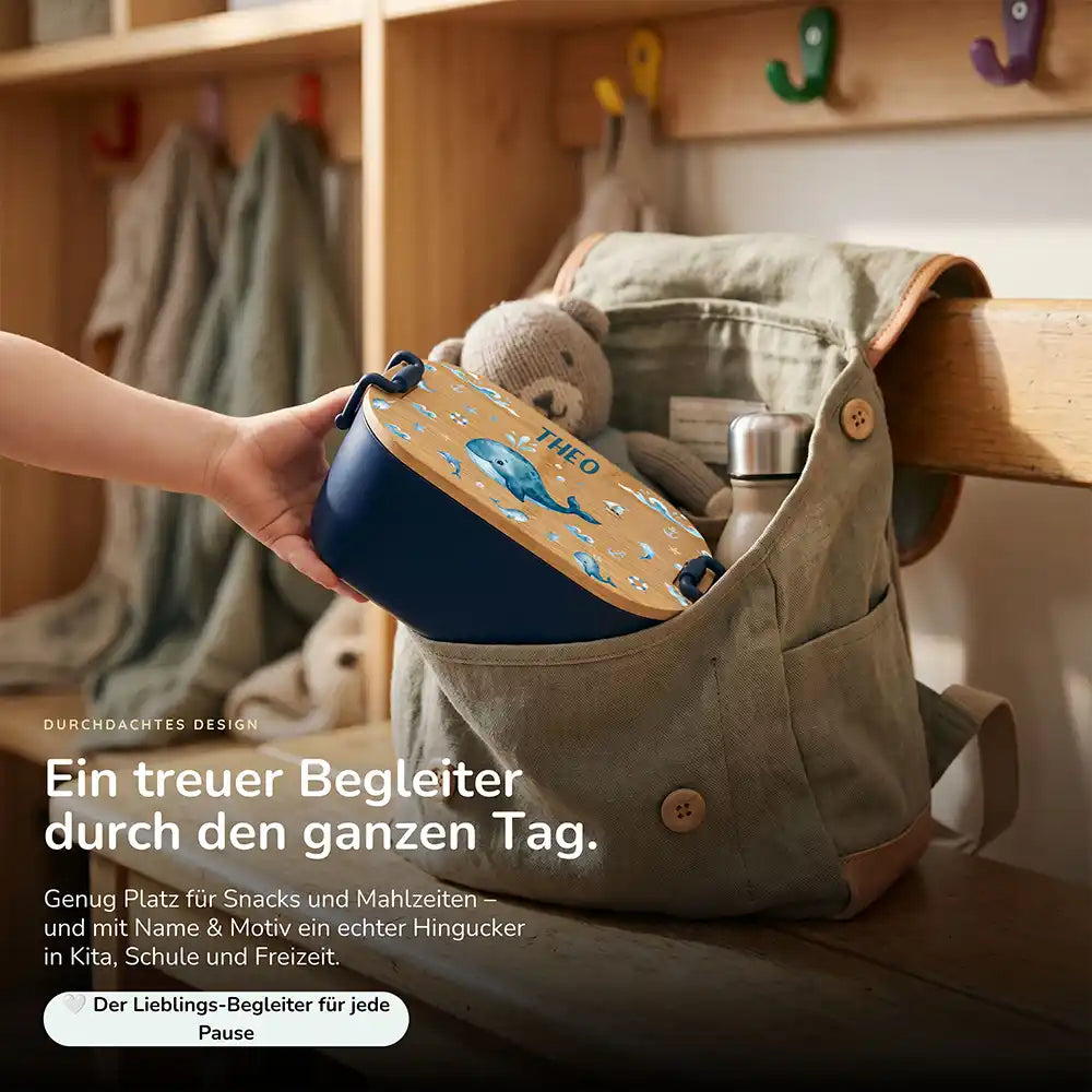 Brotdose Kinder personalisiert Wal und Delfin, Lunchbox mit Snacks und Obst