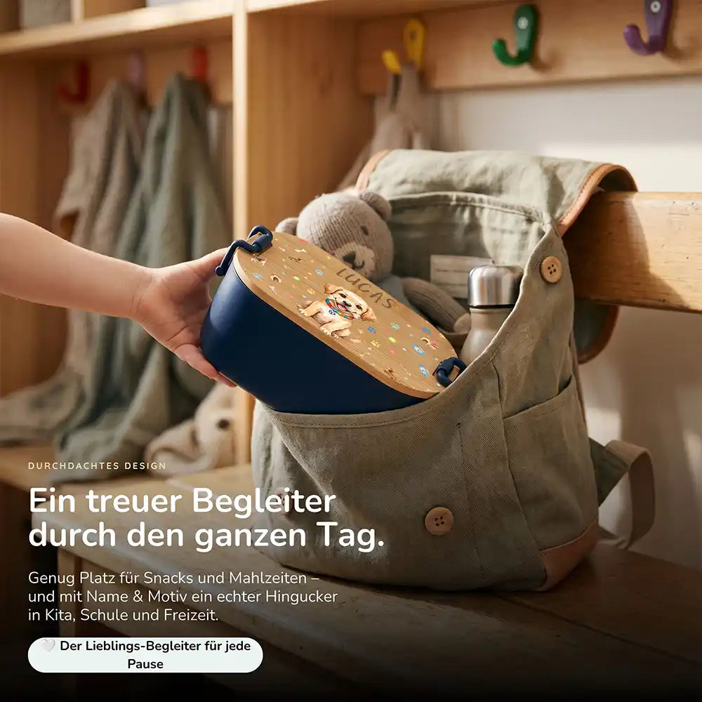 Brotdose Kinder personalisiert Hundewelpe, Lunchbox mit Snacks und Obst