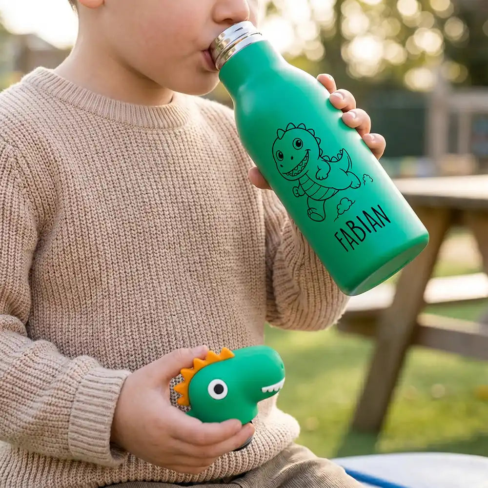 Personalisierte Trinkflasche Kinder Nilpferd, mit Wunschname und Tiermotiv