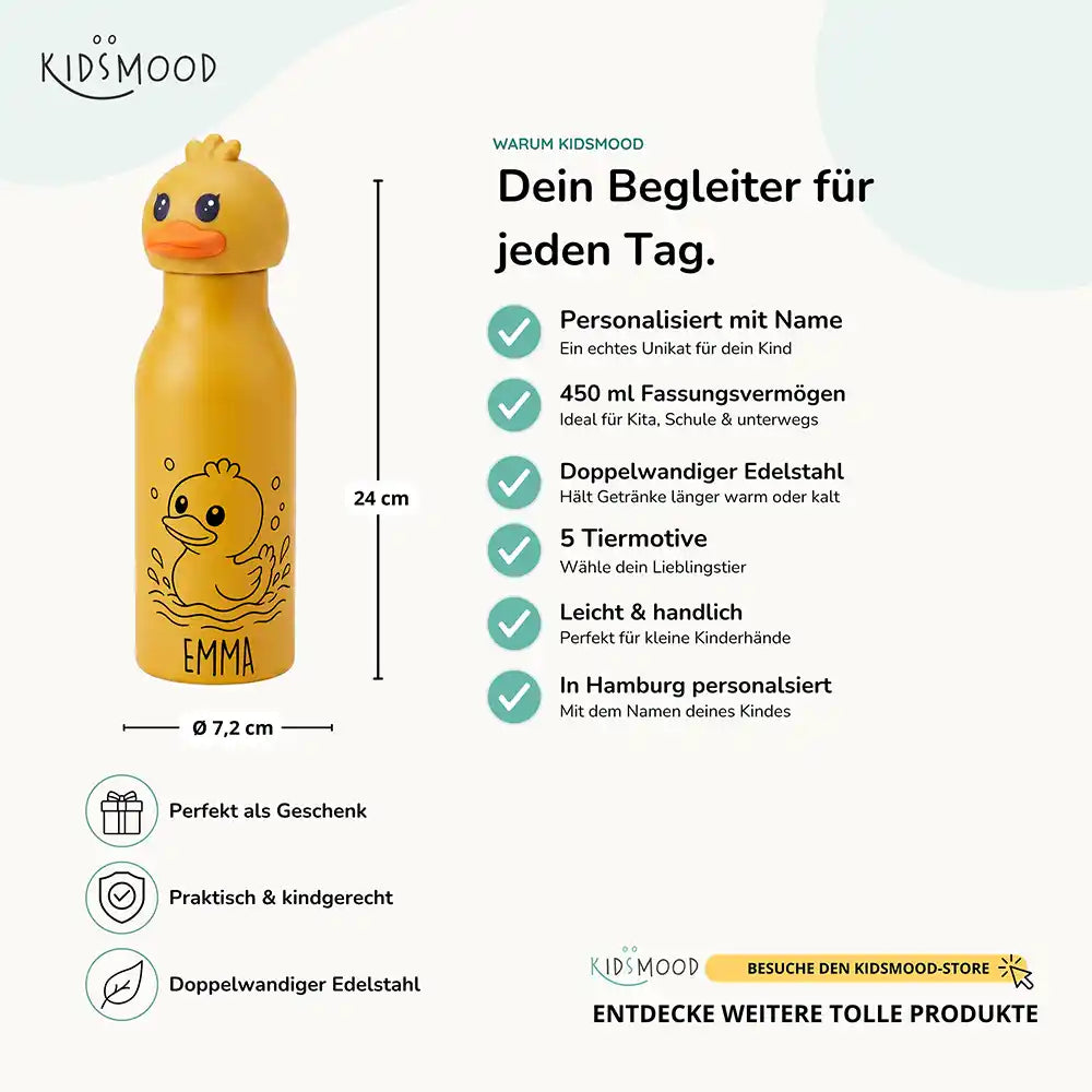 Personalisierte Trinkflasche Kinder Ente, personalisiert mit Name, Edelstahl