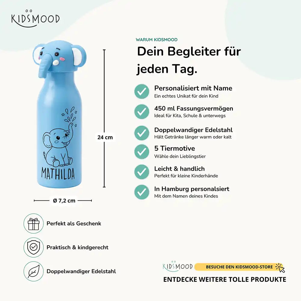 Personalisierte Trinkflasche Kinder Elefant, personalisiert mit Name, Edelstahl