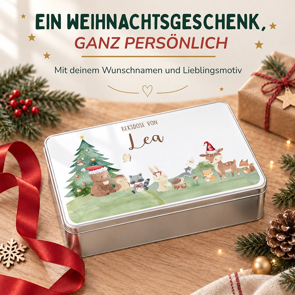 Keksdose aus Metall personalisiert - Kleine Waldbewohner im Weihnachtsglanz