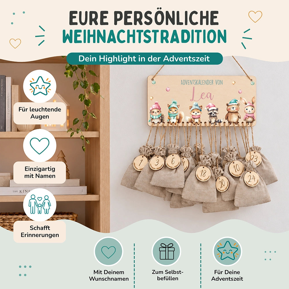 Personalisierbarer Adventskalender farbig - Glückliche Tierfamilie