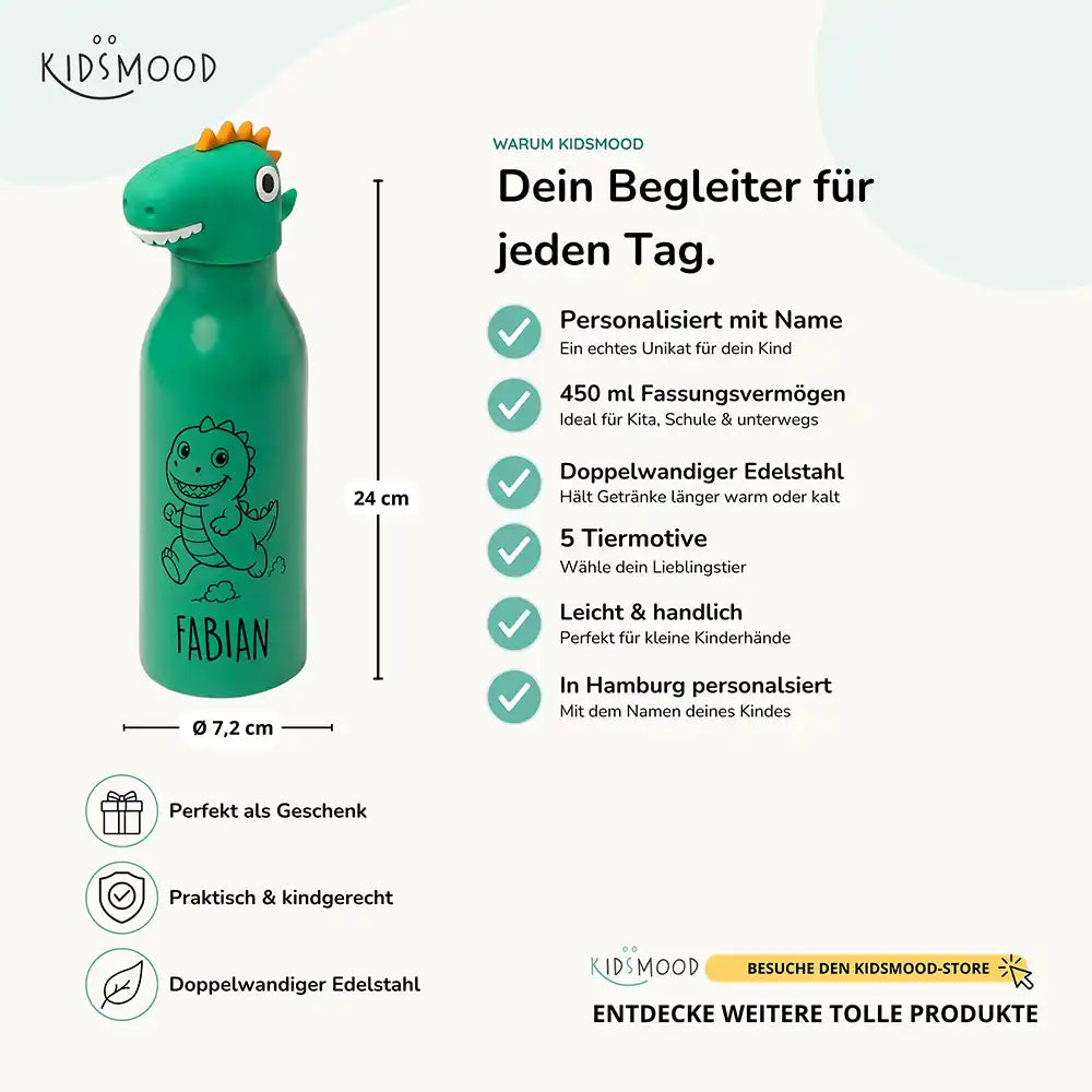 Personalisierte Trinkflasche Kinder Nilpferd, personalisiert mit Name, Edelstahl