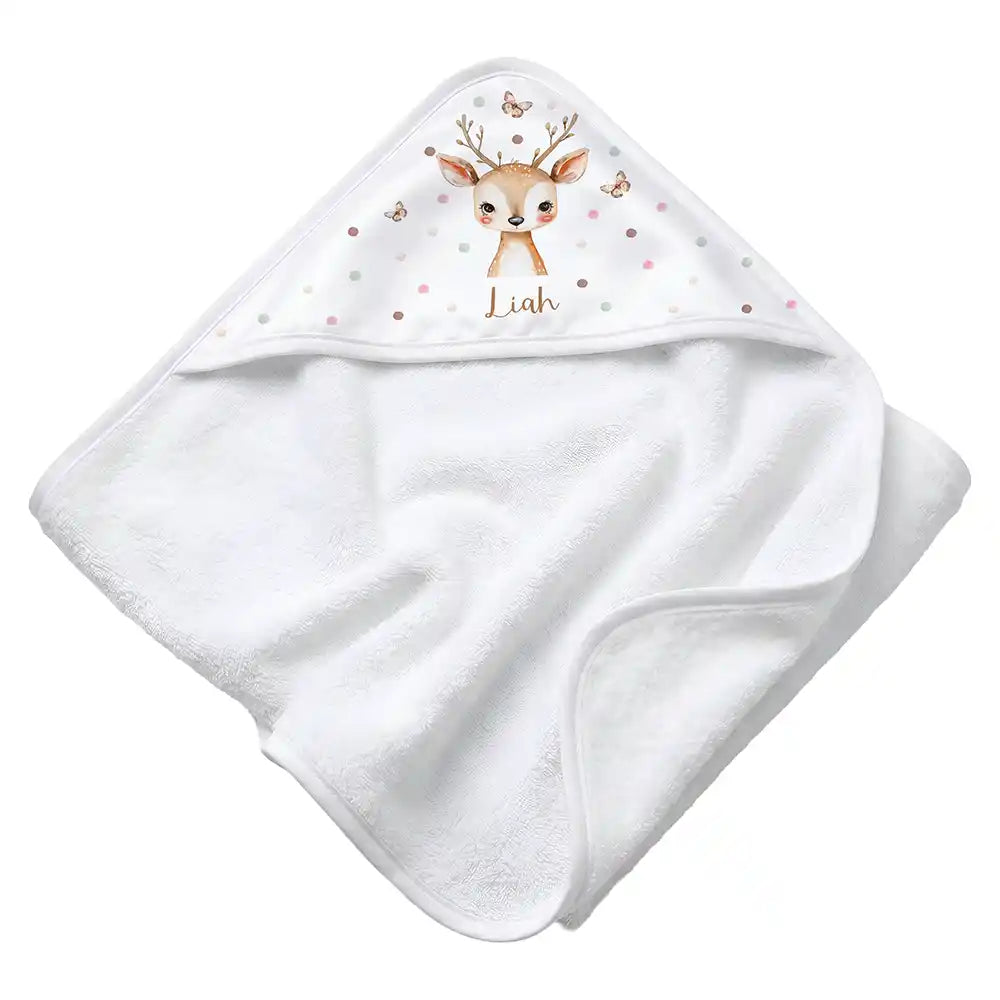 Personalisiertes Kapuzenhandtuch Baby Reh Schmetterlinge – Rattan-Untergrund Produktdetail