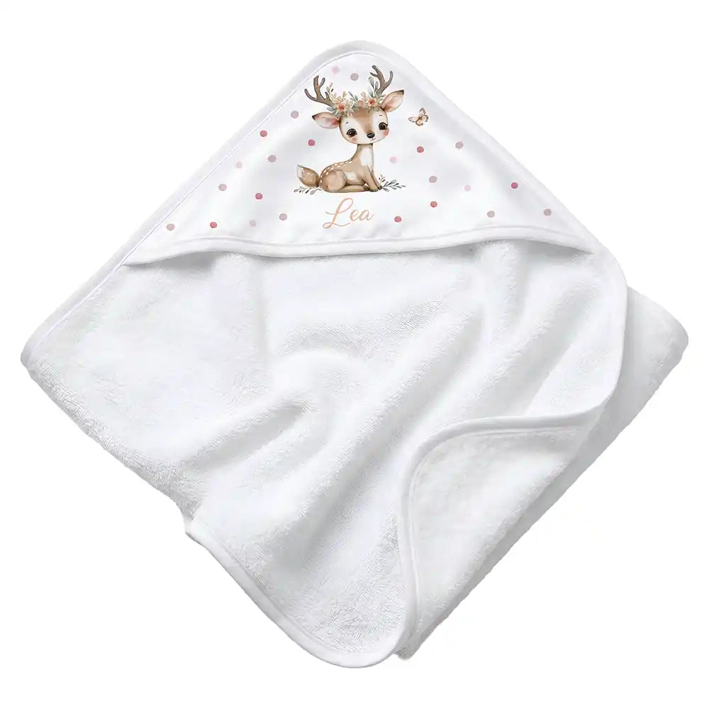 Personalisiertes Kapuzenhandtuch Baby Rehbock Blütenkranz – Rattan-Untergrund Produktdetail