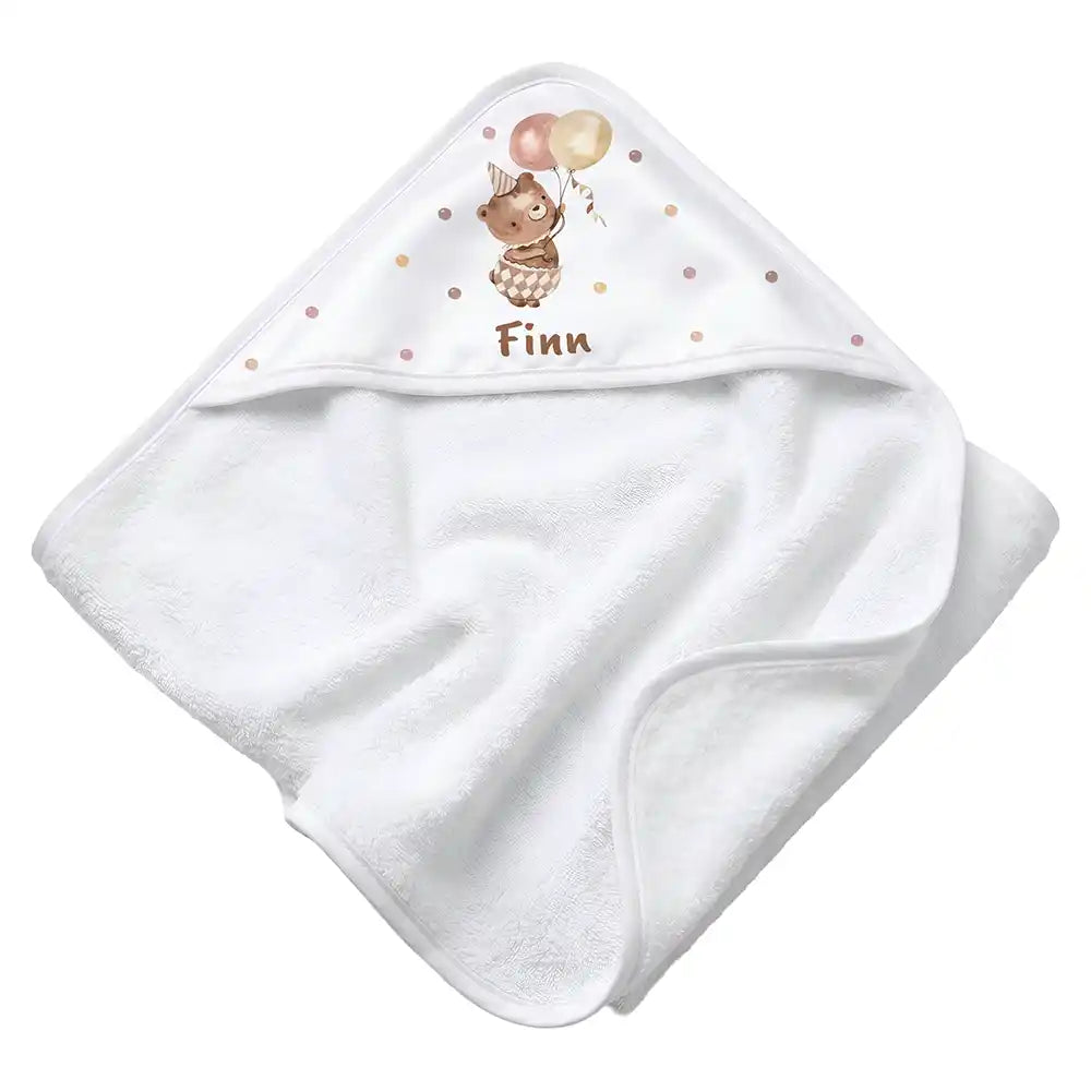 Personalisiertes Kapuzenhandtuch Baby Bär Luftballons – Rattan-Untergrund Produktdetail