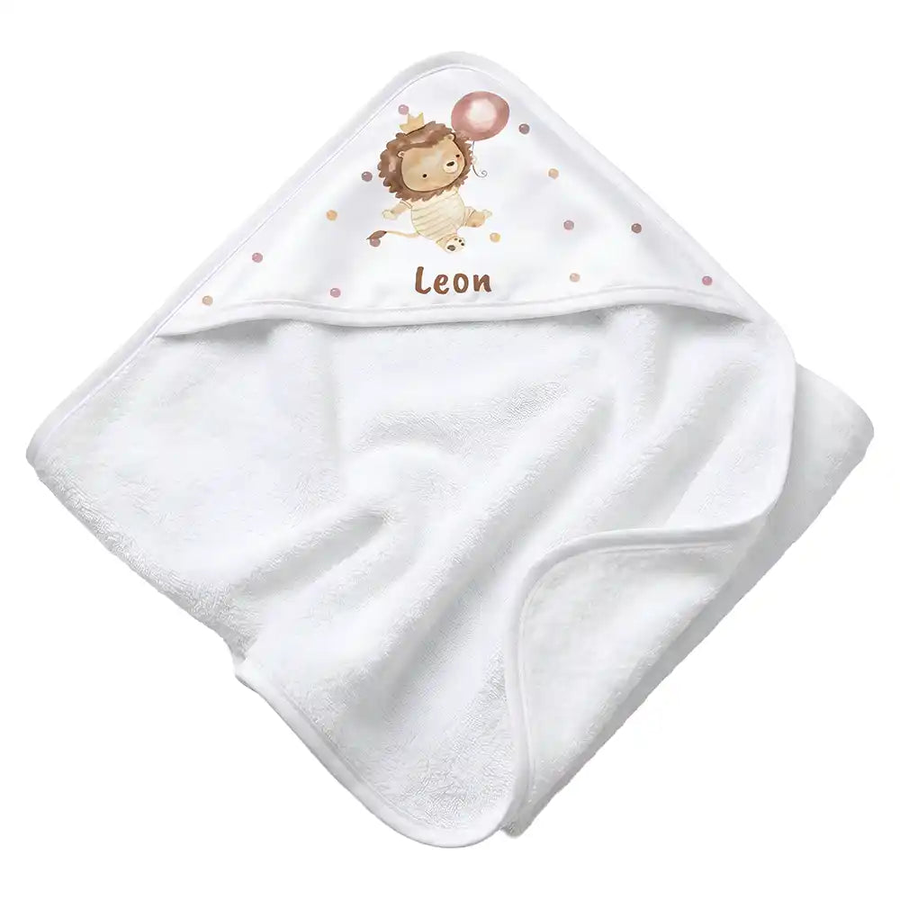 Personalisiertes Kapuzenhandtuch Baby Löwe Geburtstag – Rattan-Untergrund Produktdetail