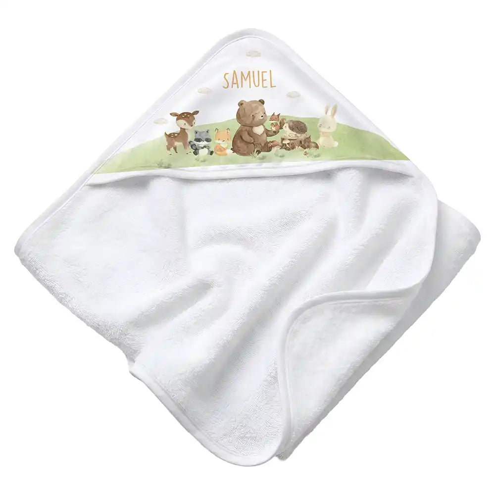 Personalisiertes Kapuzenhandtuch Baby Waldfreunde Hügel – Rattan-Untergrund Produktdetail