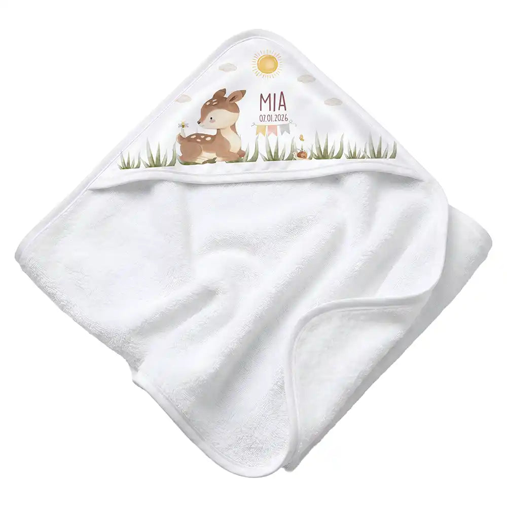 Personalisiertes Kapuzenhandtuch Baby Reh Geburtsdaten – Rattan-Untergrund Produktdetail