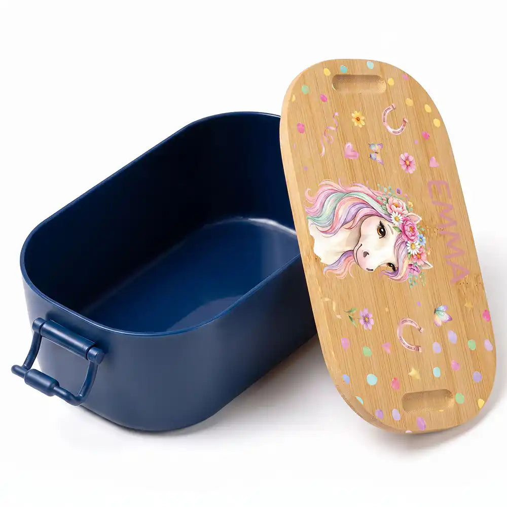 Brotdose Kinder personalisiert Einhorn Blumenkranz, Volumen 1 Liter mit Bambusdeckel