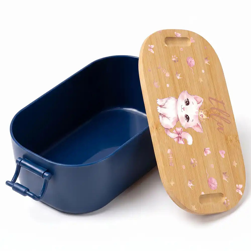 Brotdose Kinder personalisiert Katze mit Krone, Volumen 1 Liter mit Bambusdeckel