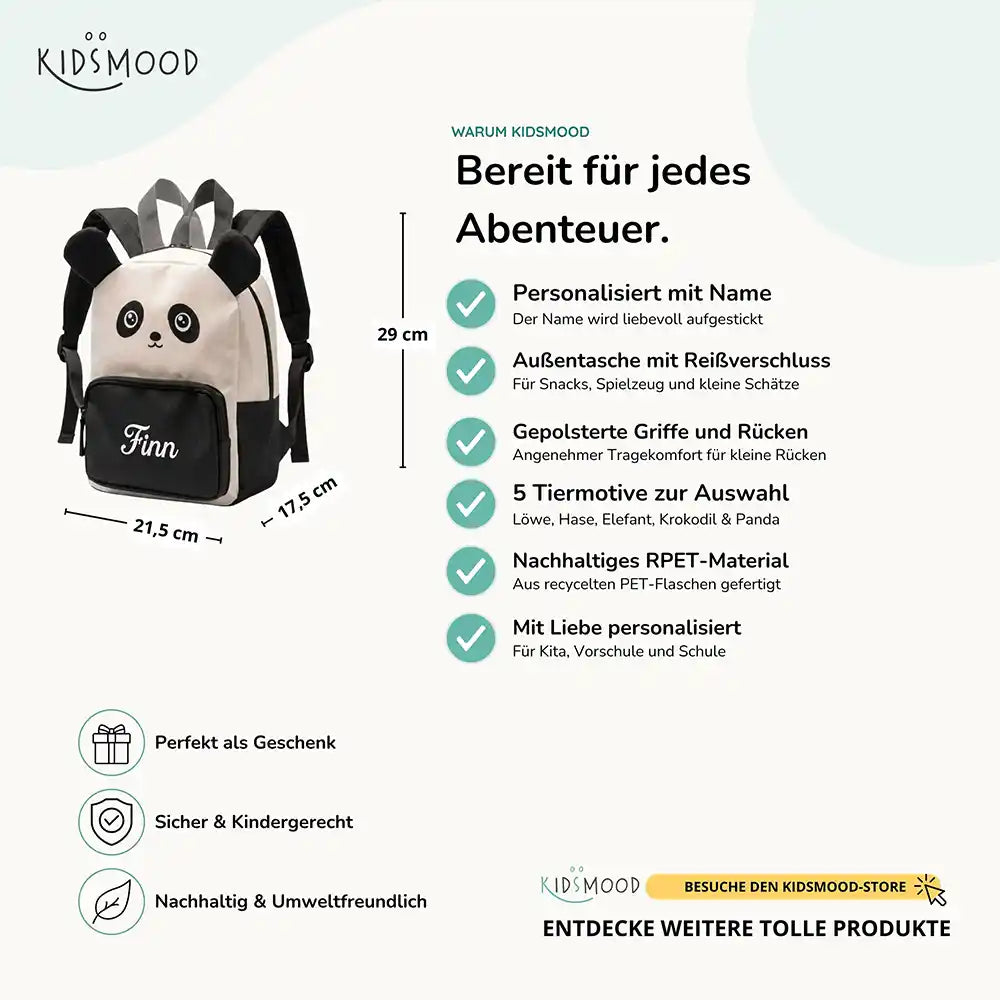 Personalisierter Kinderrucksack Panda, personalisiert mit Namen für die Kita