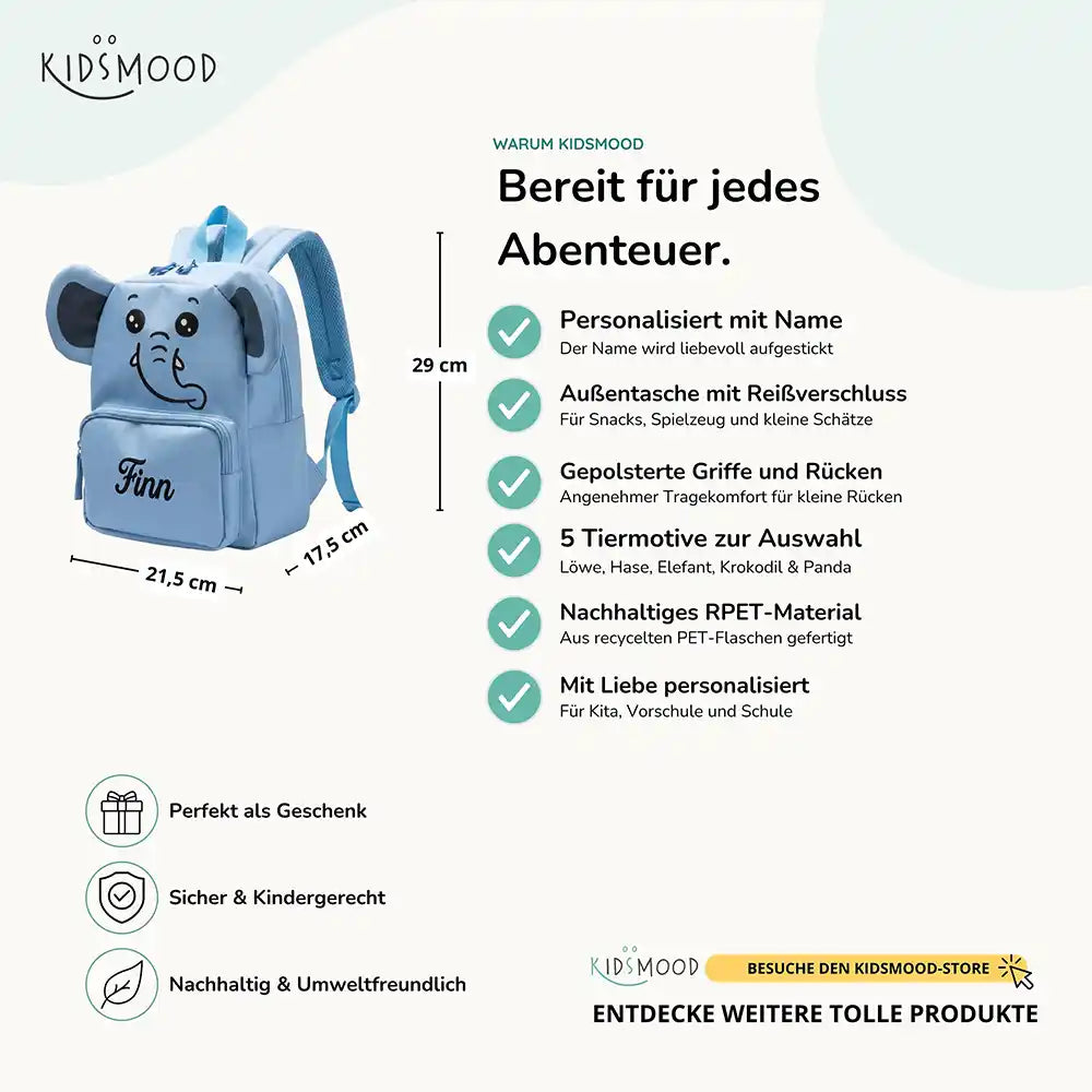 Personalisierter Kinderrucksack Elefant, personalisiert mit Namen für die Kita