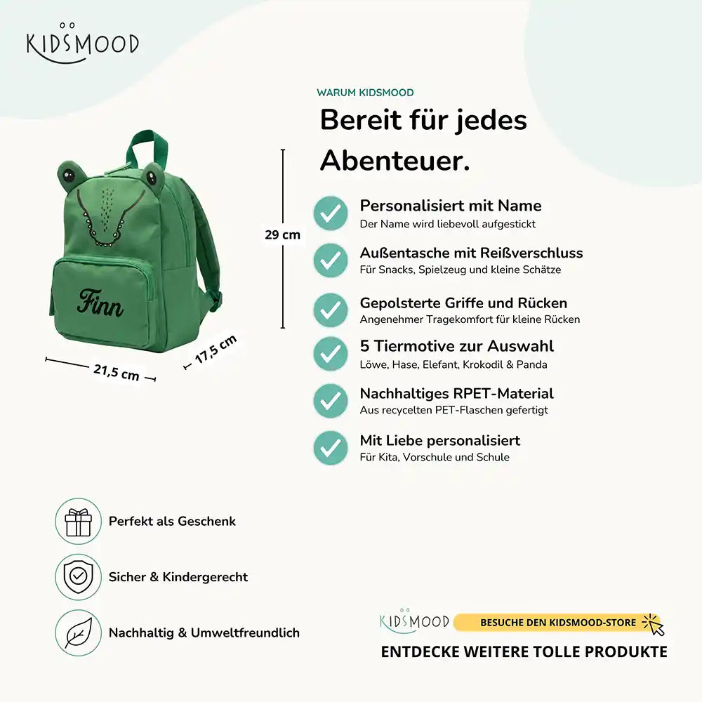 Personalisierter Kinderrucksack Krokodil, personalisiert mit Namen für die Kita