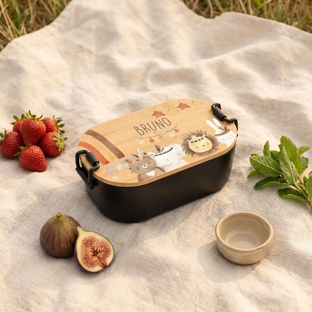 Brotdose Kinder personalisiert Safari Boho, Brotdose schwarz in der Kita mit Wunschname