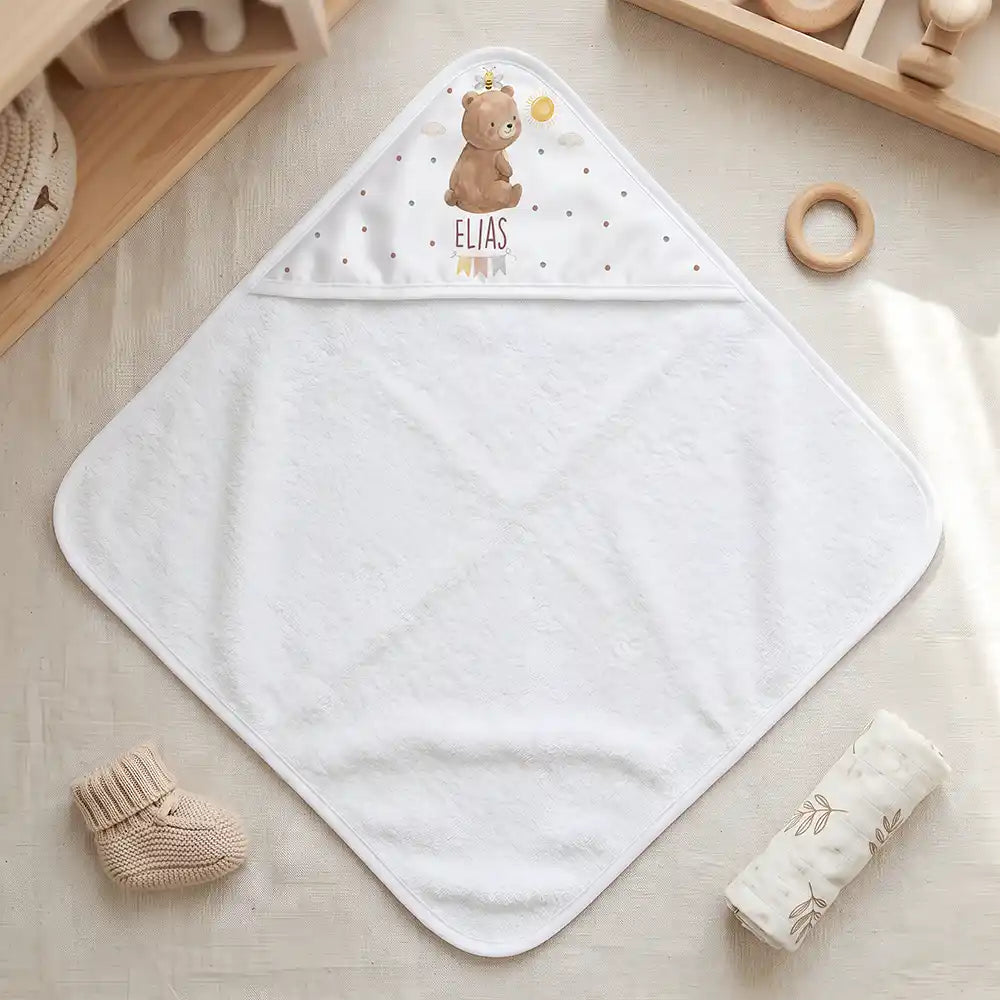 Personalisiertes Kapuzenhandtuch Baby Bär Sonne – Freisteller 80×80 cm Topdown