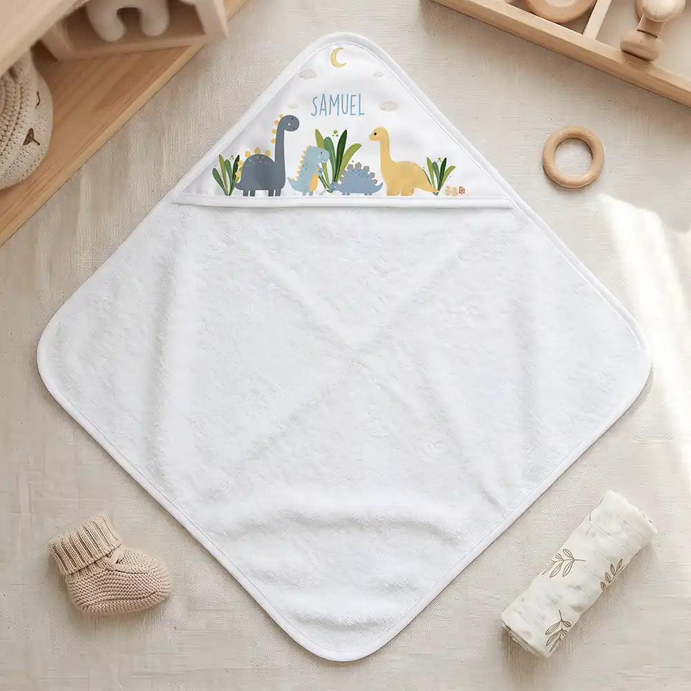 Personalisiertes Kapuzenhandtuch Baby Dinosaurier Mond – Freisteller 80×80 cm Topdown