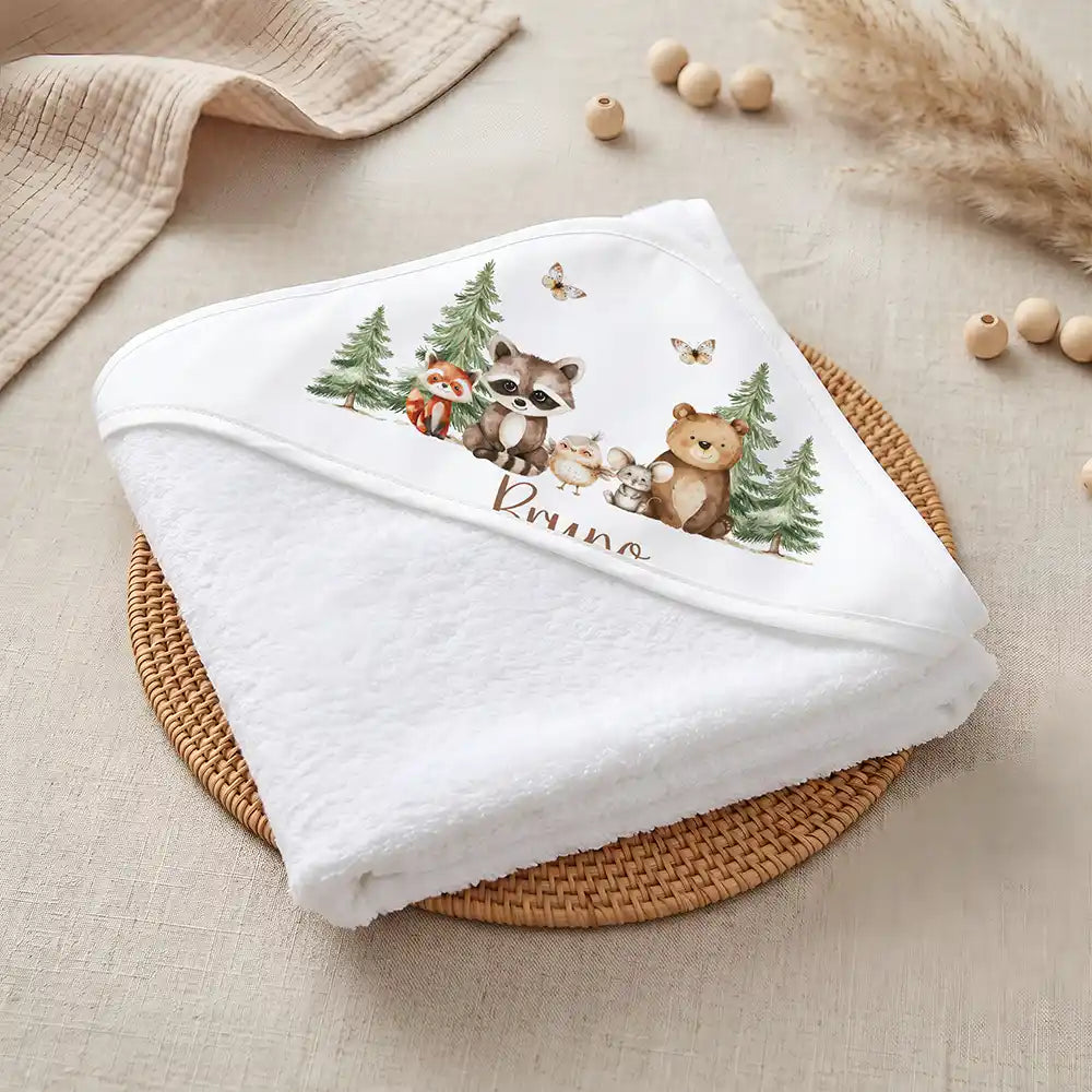 Kidsmood Familienbetrieb Hamburg – Personalisiertes Kapuzenhandtuch Baby Waldfreunde Bande