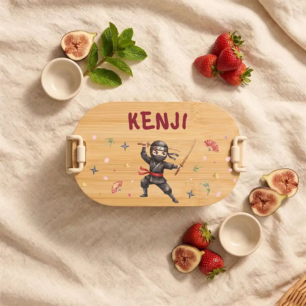 Brotdose Kinder personalisiert Ninja, Brotdose beige in der Kita mit Wunschname