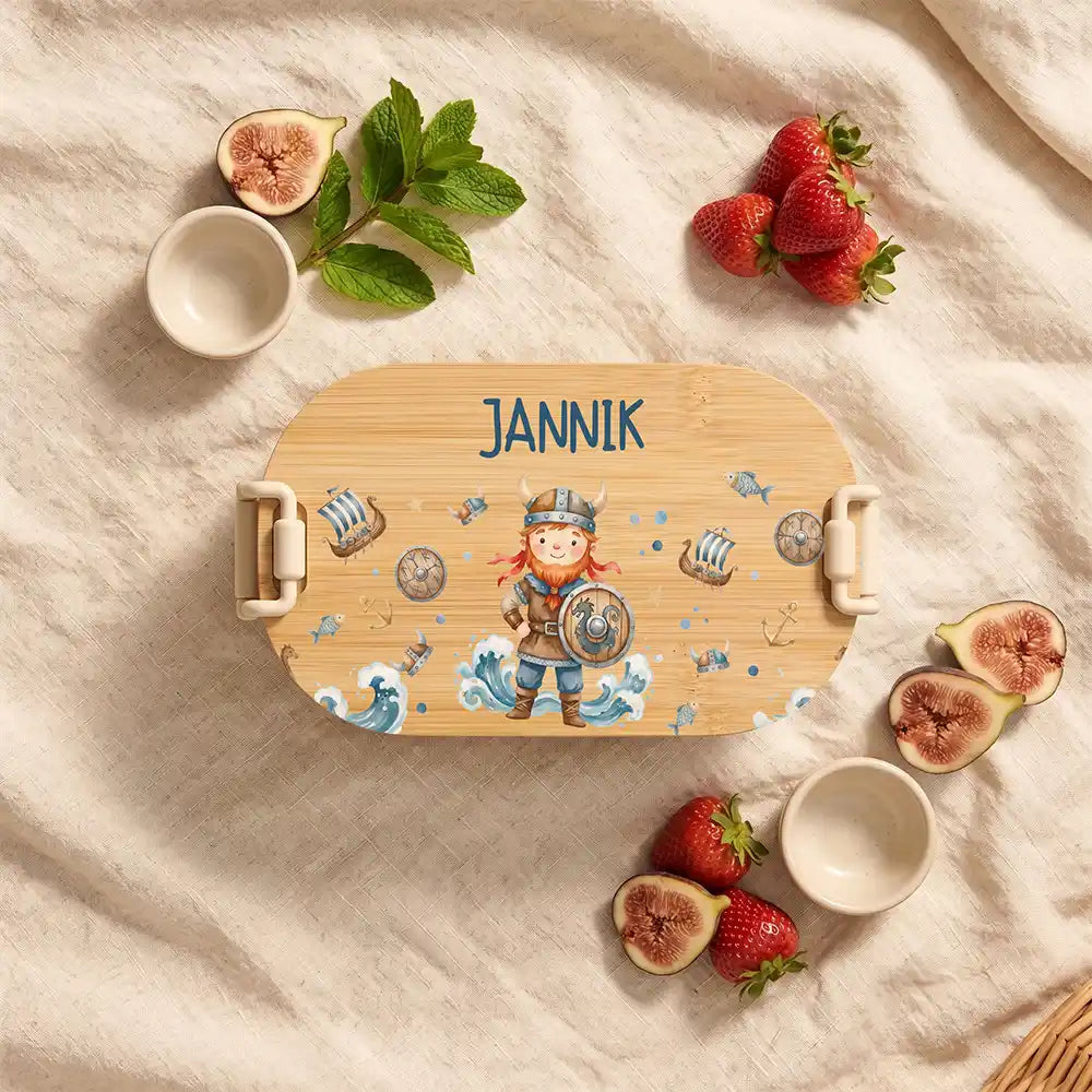 Brotdose Kinder personalisiert Wikinger, Brotdose beige in der Kita mit Wunschname