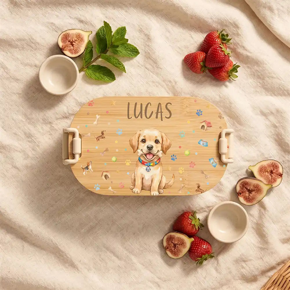 Brotdose Kinder personalisiert Hundewelpe, Brotdose beige in der Kita mit Wunschname