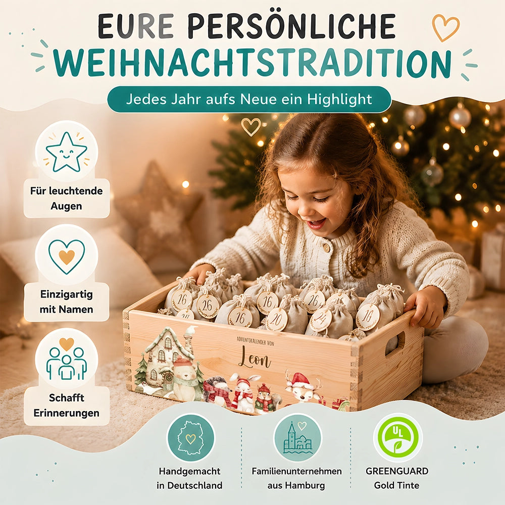 Adventskalender zum Befüllen "Winterdorf mit Tieren" personalisiert