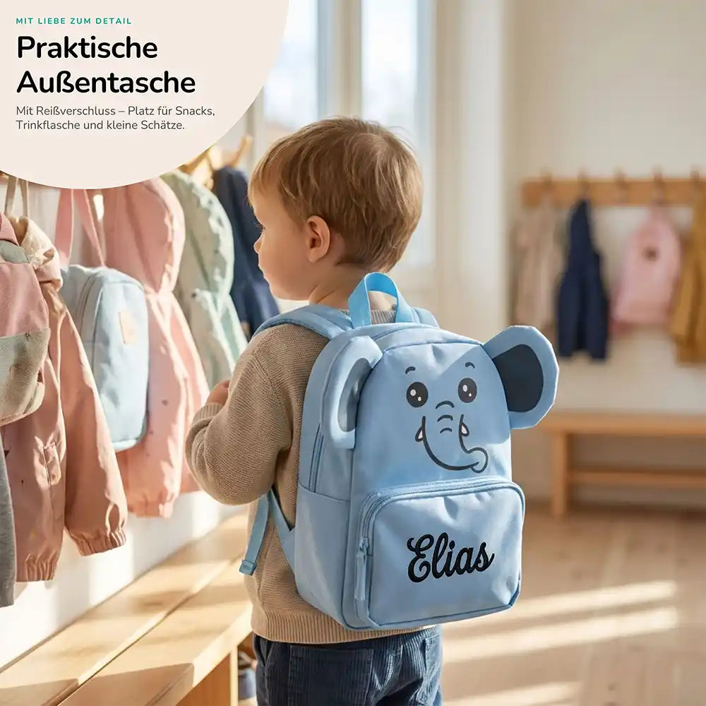 Personalisierter Kinderrucksack Elefant, praktische Außentasche für Kita und Schule