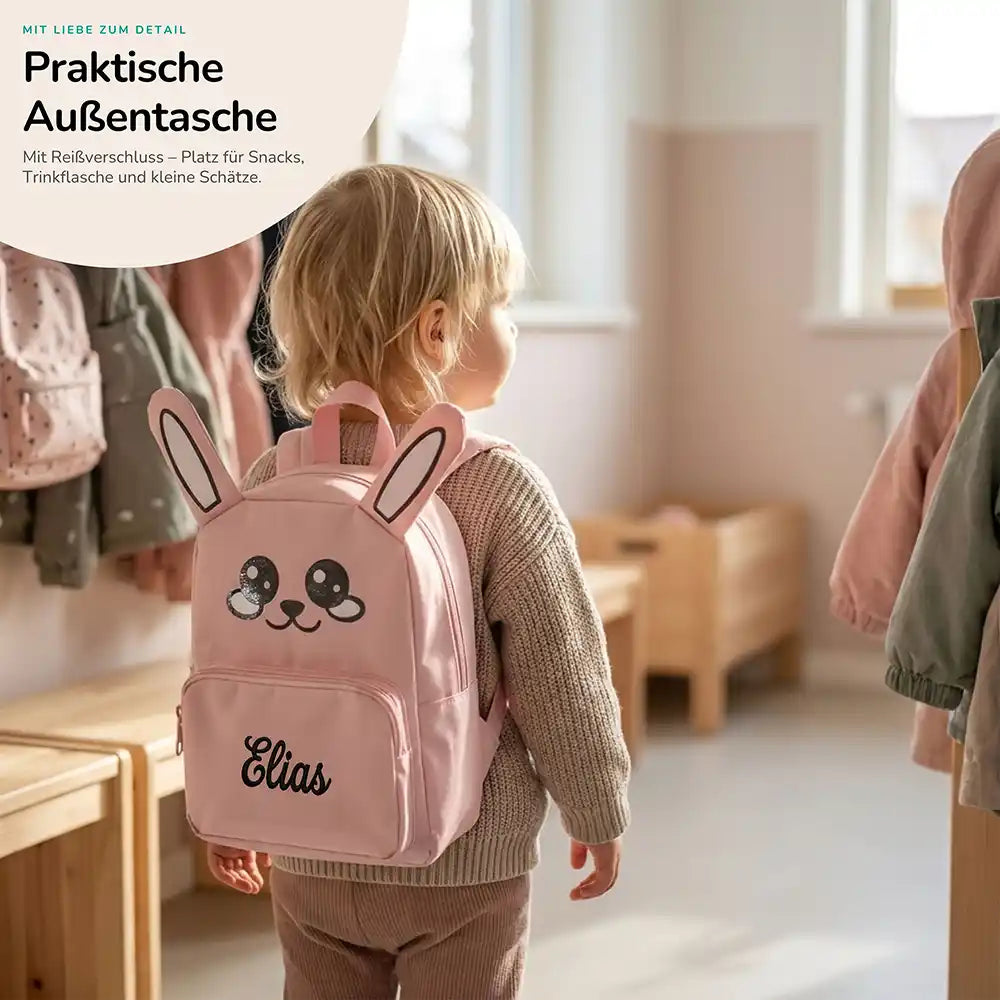 Personalisierter Kinderrucksack Hase, praktische Außentasche für Kita und Schule