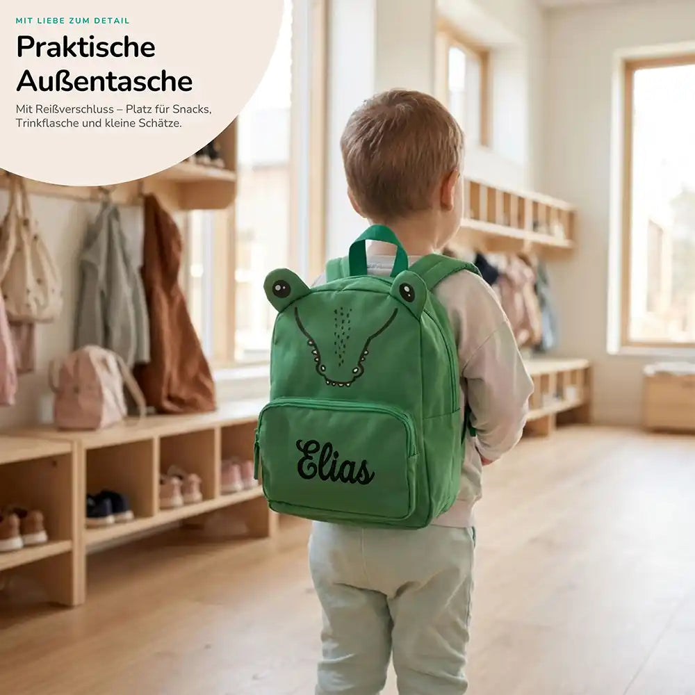 Personalisierter Kinderrucksack Krokodil, praktische Außentasche für Kita und Schule