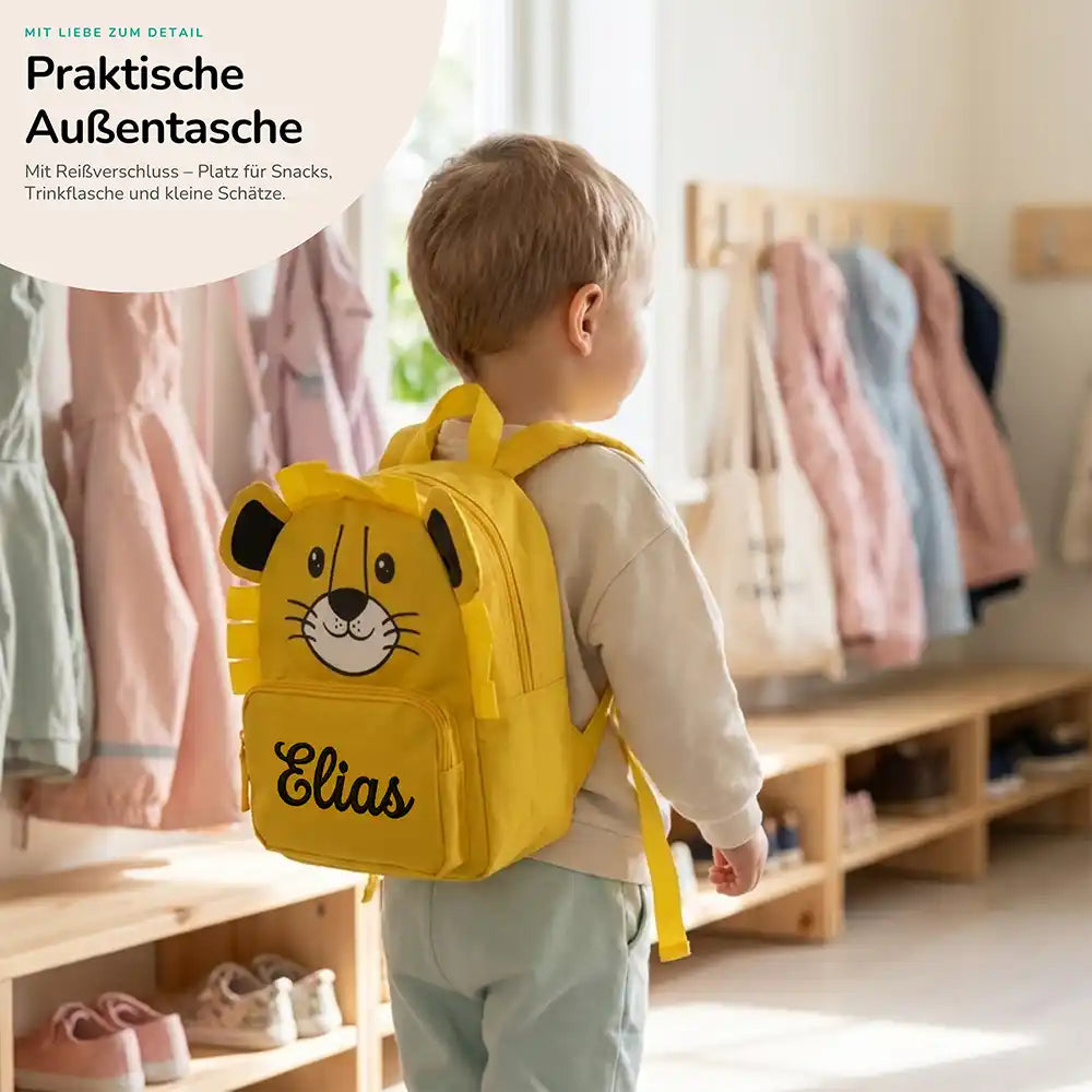 Personalisierter Kinderrucksack Löwe, praktische Außentasche für Kita und Schule