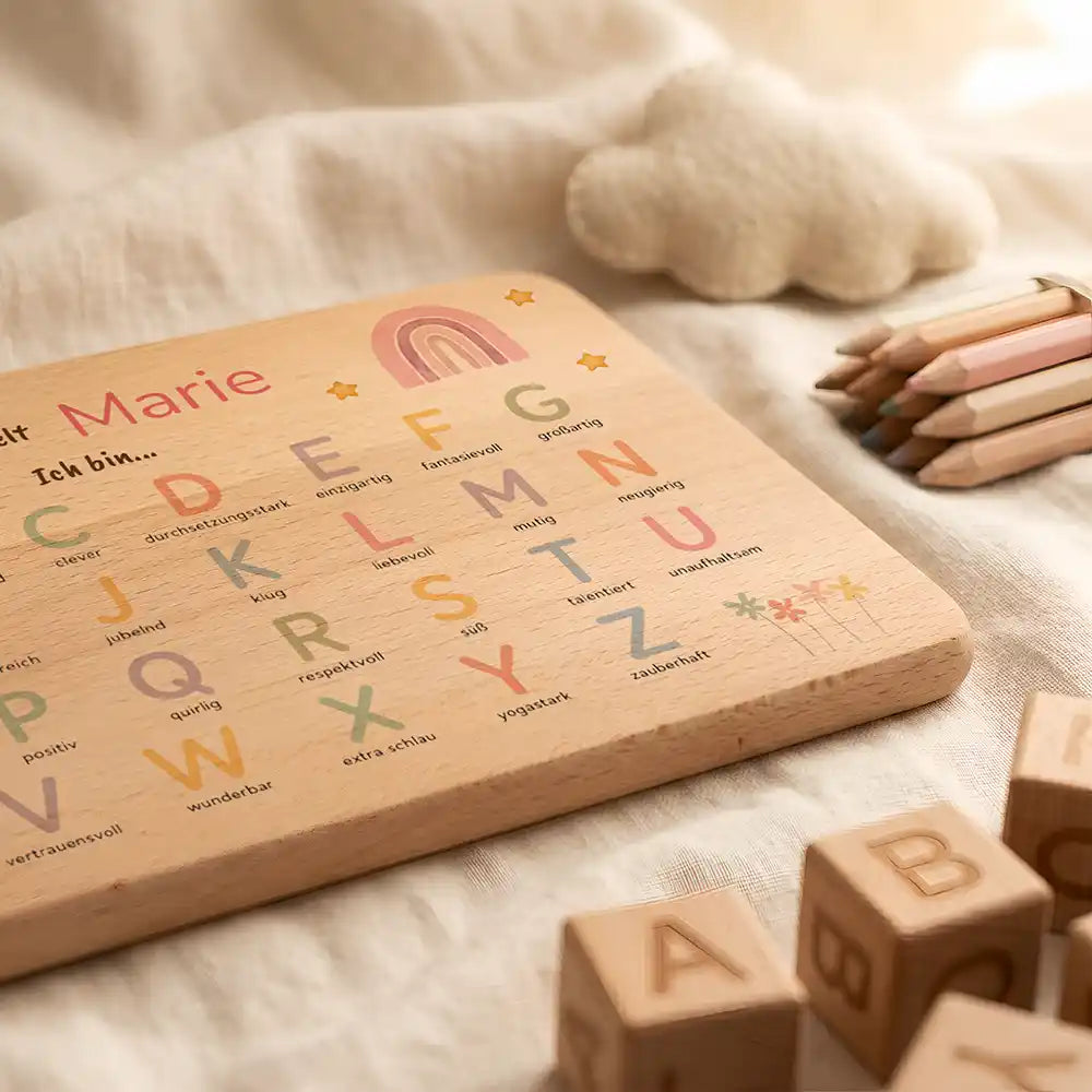 ABC Brettchen Kinder personalisiert Regenbogen pastell – Buchstaben-Würfel Nahaufnahme