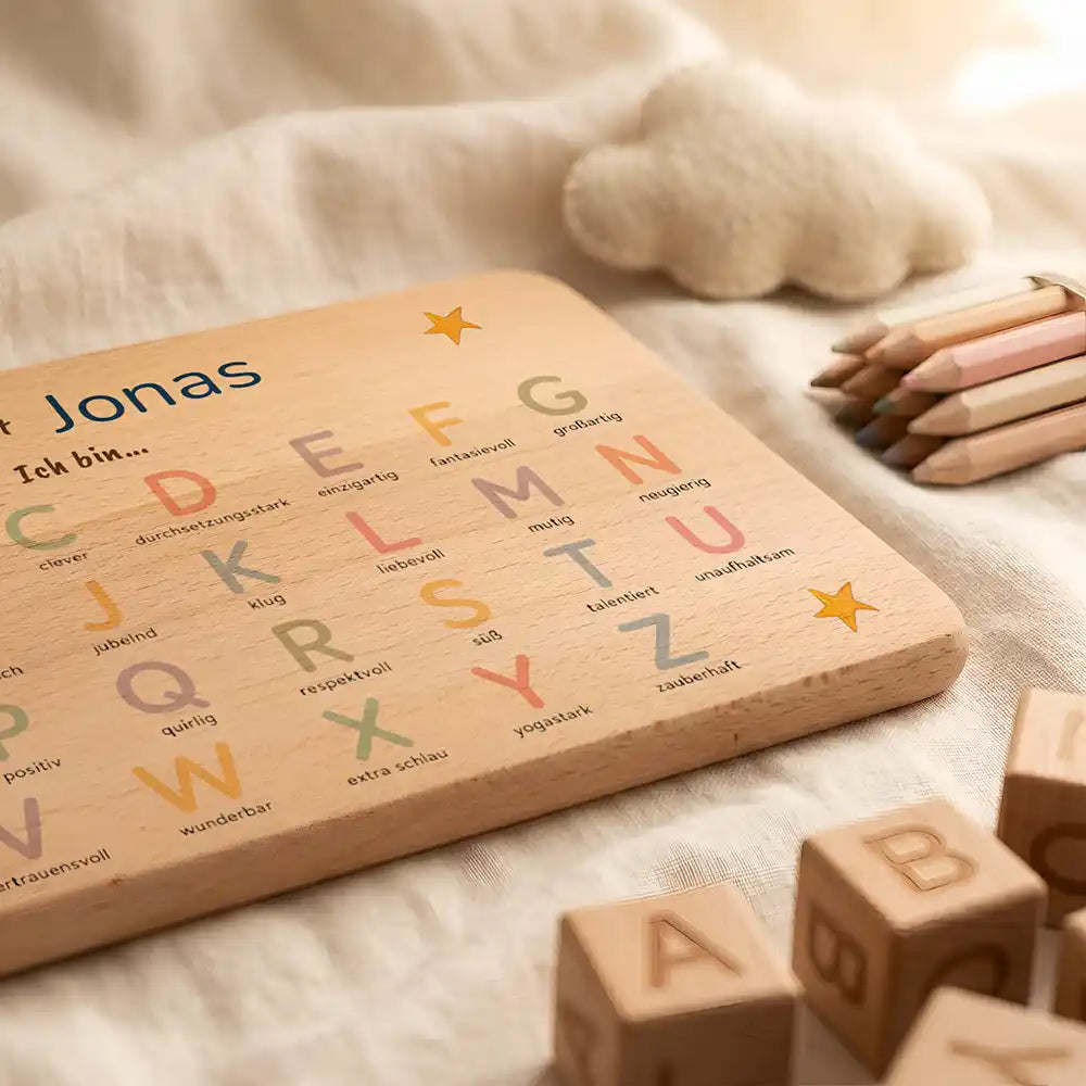 ABC Brettchen Kinder personalisiert Sterne pastell – Buchstaben-Würfel Nahaufnahme