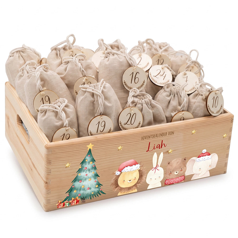 Adventskalender zum Befüllen "Weihnachten mit weihnachtlichem Tiertrio" personalisiert