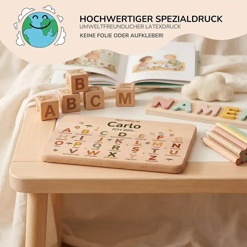 ABC Brettchen Kinder personalisiert Sterne klassisch – Lifestyle Schreibtisch mit Würfeln
