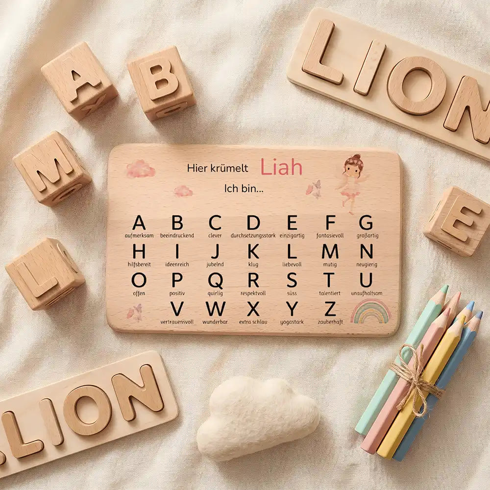 ABC Brettchen Kinder personalisiert Ballerina Regenbogen – Topdown Lifestyle mit Buchstaben-Würfeln
