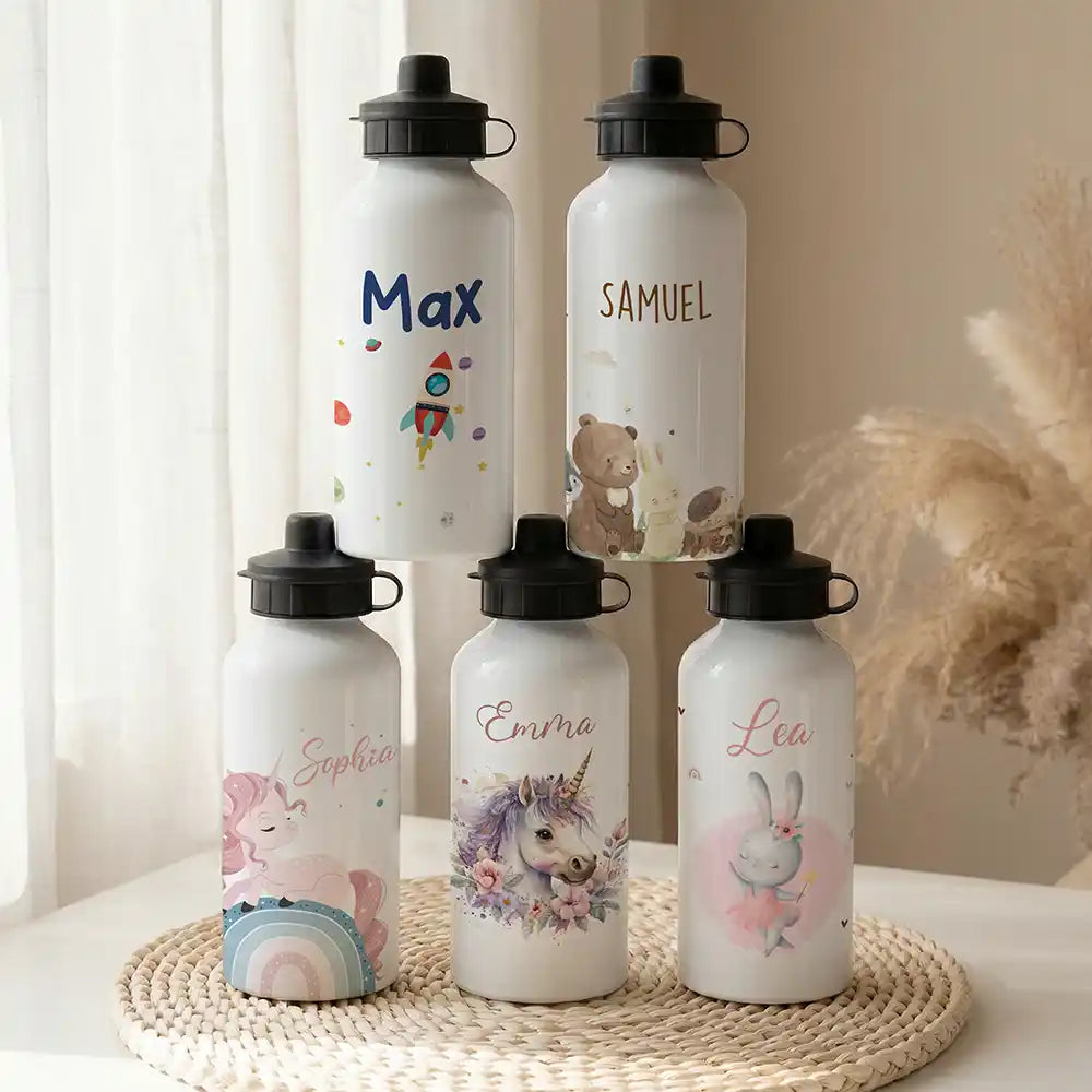 Personalisierte Trinkflasche Kinder Rakete Weltall – Alu 500 ml weiß mit Namen