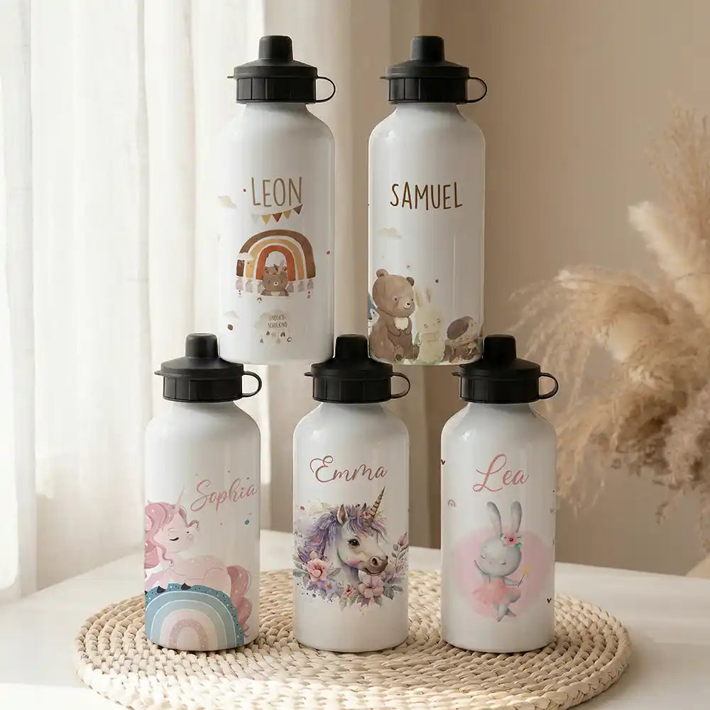 Personalisierte Trinkflasche Kinder Bär Regenbogen Schulkind – Alu 500 ml weiß mit Namen