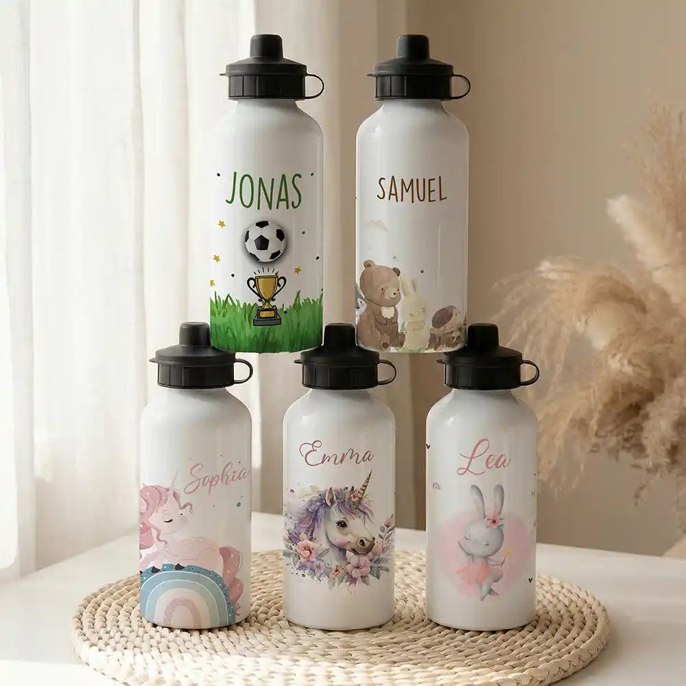 Personalisierte Trinkflasche Kinder Fußball Pokal – Alu 500 ml weiß mit Namen