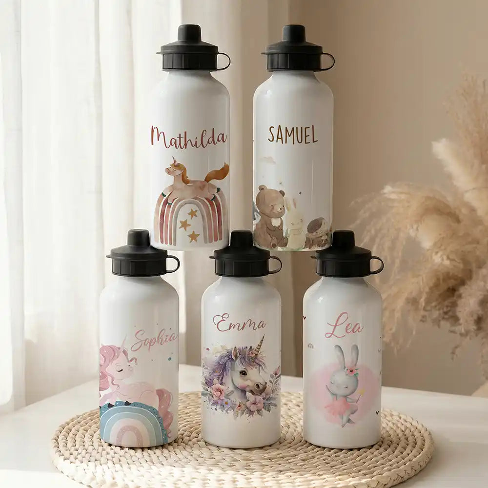 Personalisierte Trinkflasche Kinder Einhorn Boho-Regenbogen – Alu 500 ml weiß mit Namen