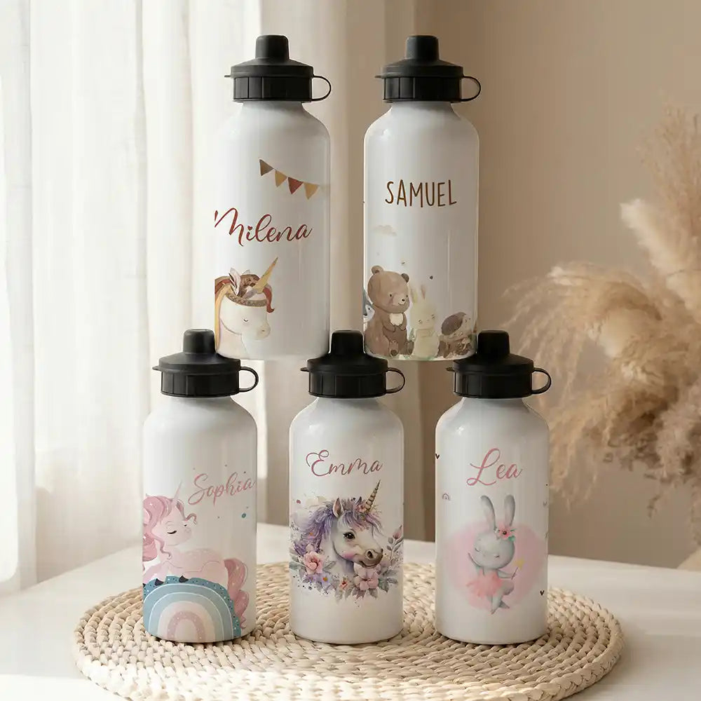 Personalisierte Trinkflasche Kinder Einhorn Indianer – Alu 500 ml weiß mit Namen