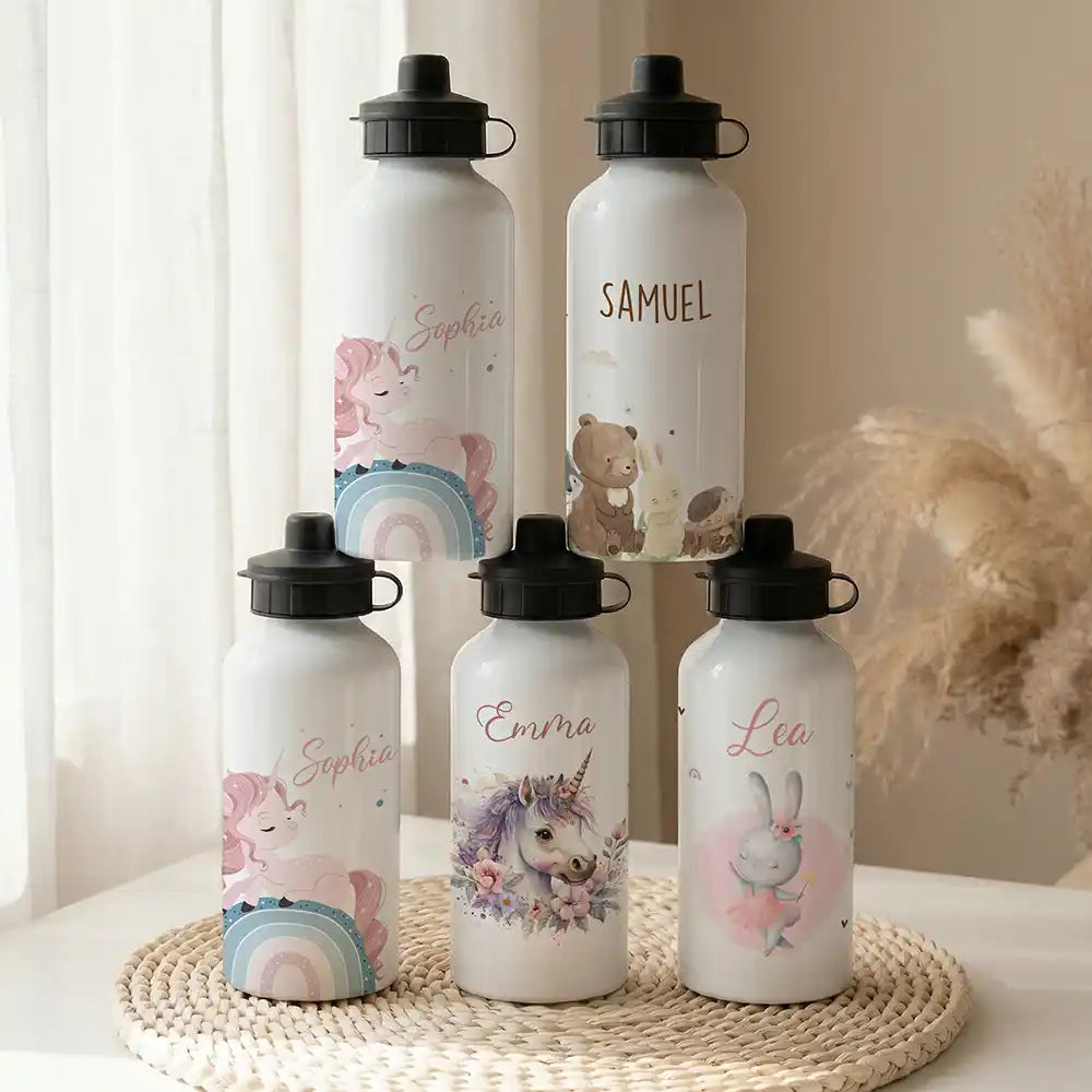 Personalisierte Trinkflasche Kinder Einhorn Rosa Regenbogen – Alu 500 ml weiß mit Namen
