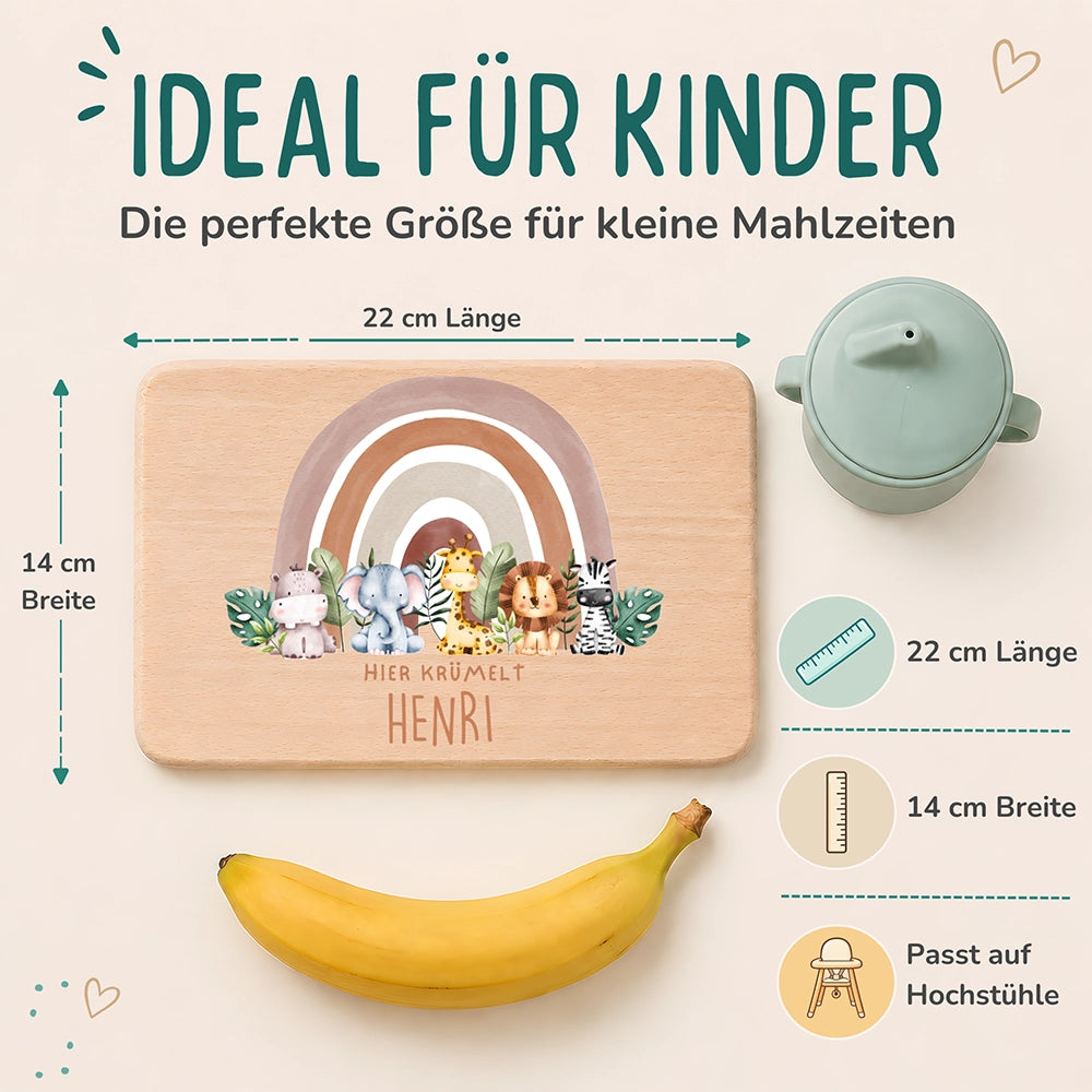 Frühstücksbrettchen Holz personalisiert - Tierfamilie unter Regenbogen
