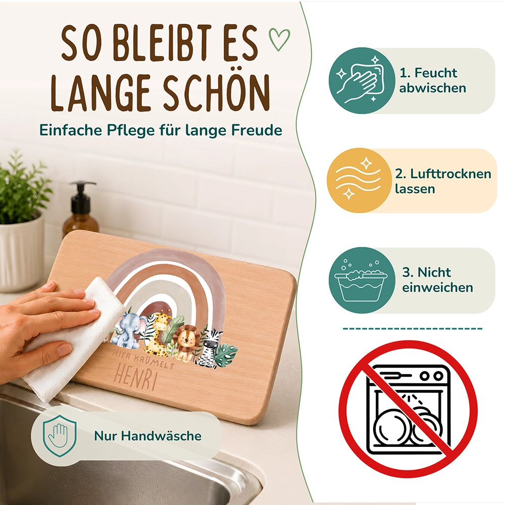 Frühstücksbrettchen Holz personalisiert - Tierfamilie unter Regenbogen
