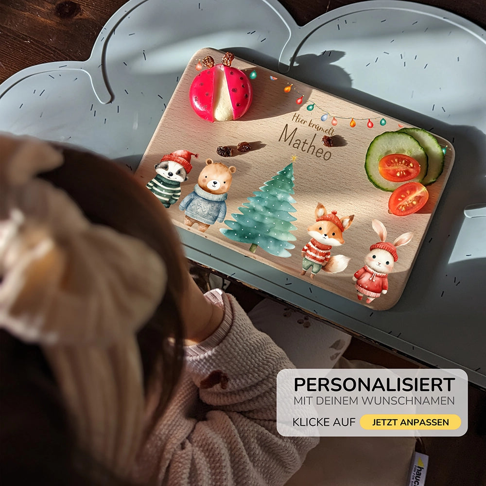 Frühstücksbrettchen Weihnachten mit Tieren und Lichterkette - Geschenk Weihnachten