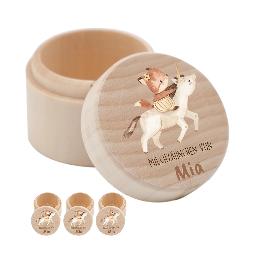 Zahndose Milchzähne personalisiert - Holz Zahnbox mit Wunschnamen - Fuchs auf Einhorn