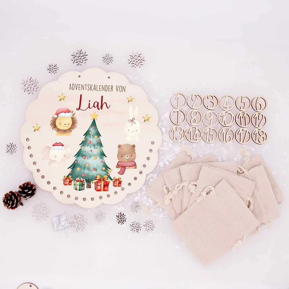 Personalisierter runder Adventskalender Kinder aus Holz  - Weihnachtliche Tierwelt