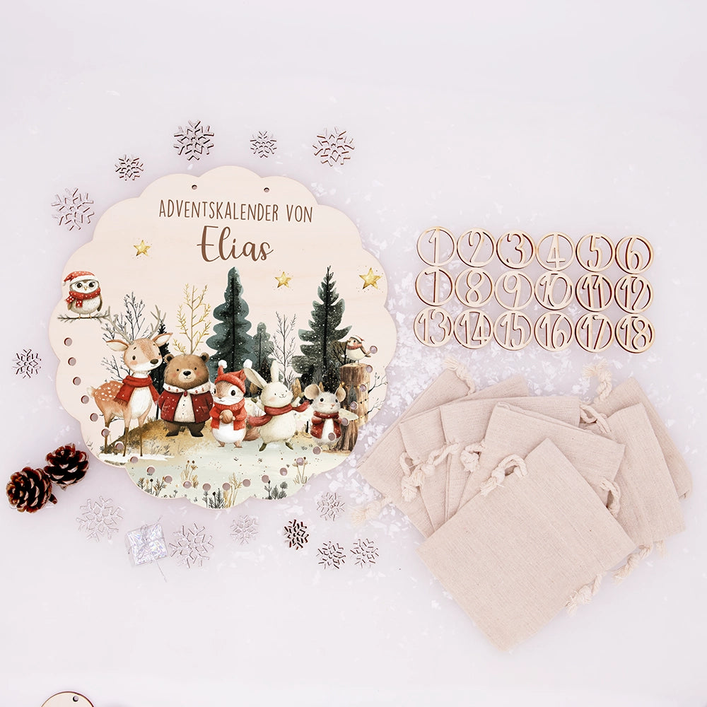 Personalisierter runder Adventskalender Kinder aus Holz  - Weihnachtsdorf