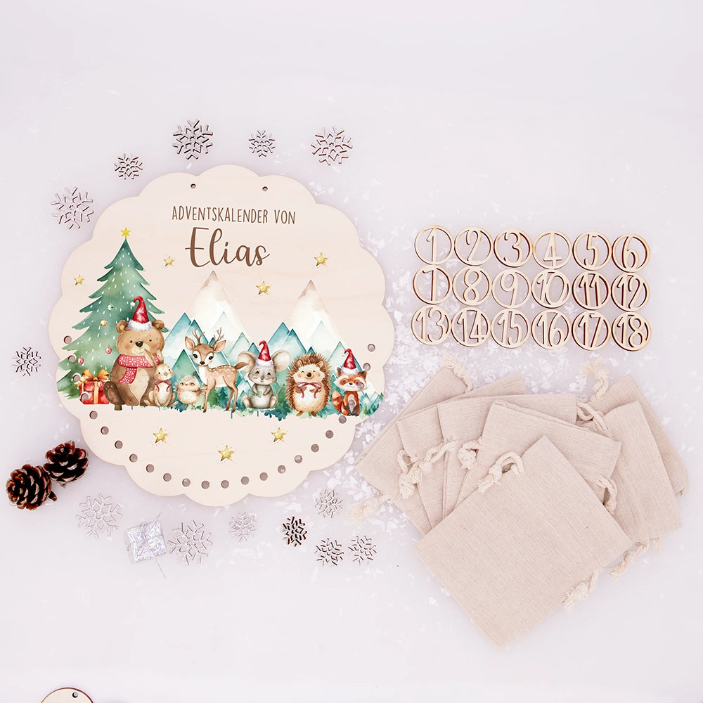 Personalisierter runder Adventskalender Kinder aus Holz  - Winterwald & seine Bewohner